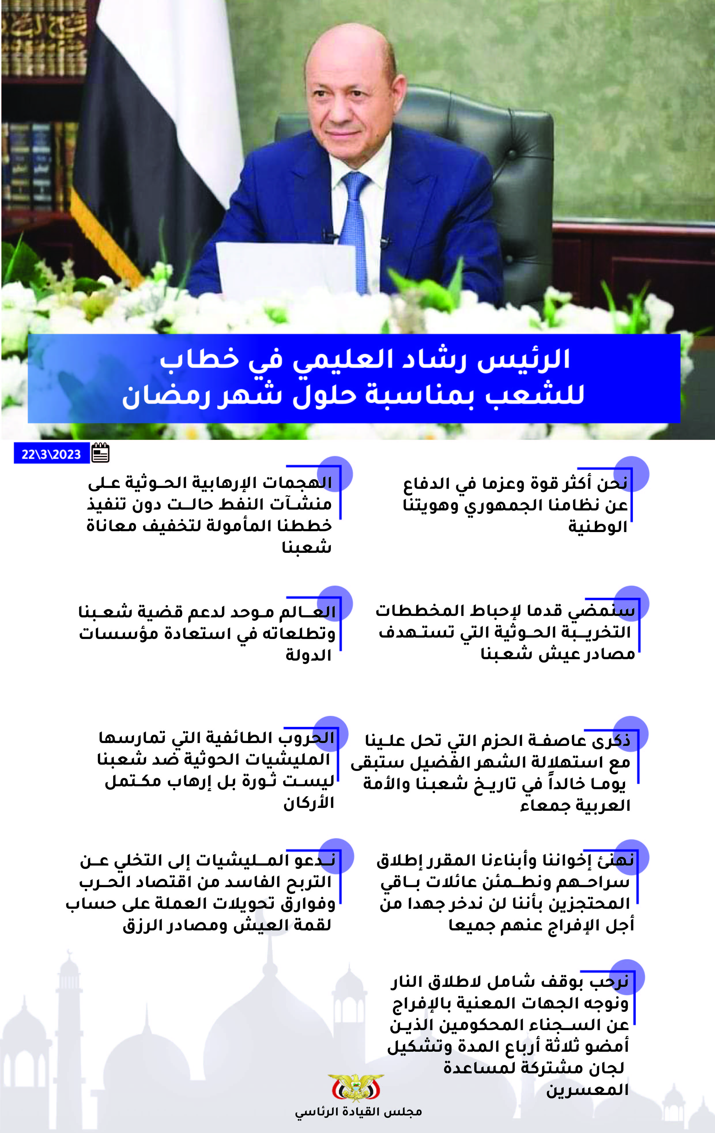  أبرز ما ورد في خطاب فخامة الرئيس الدكتور رشاد العليمي بمناسبة شهر رمضان المبارك