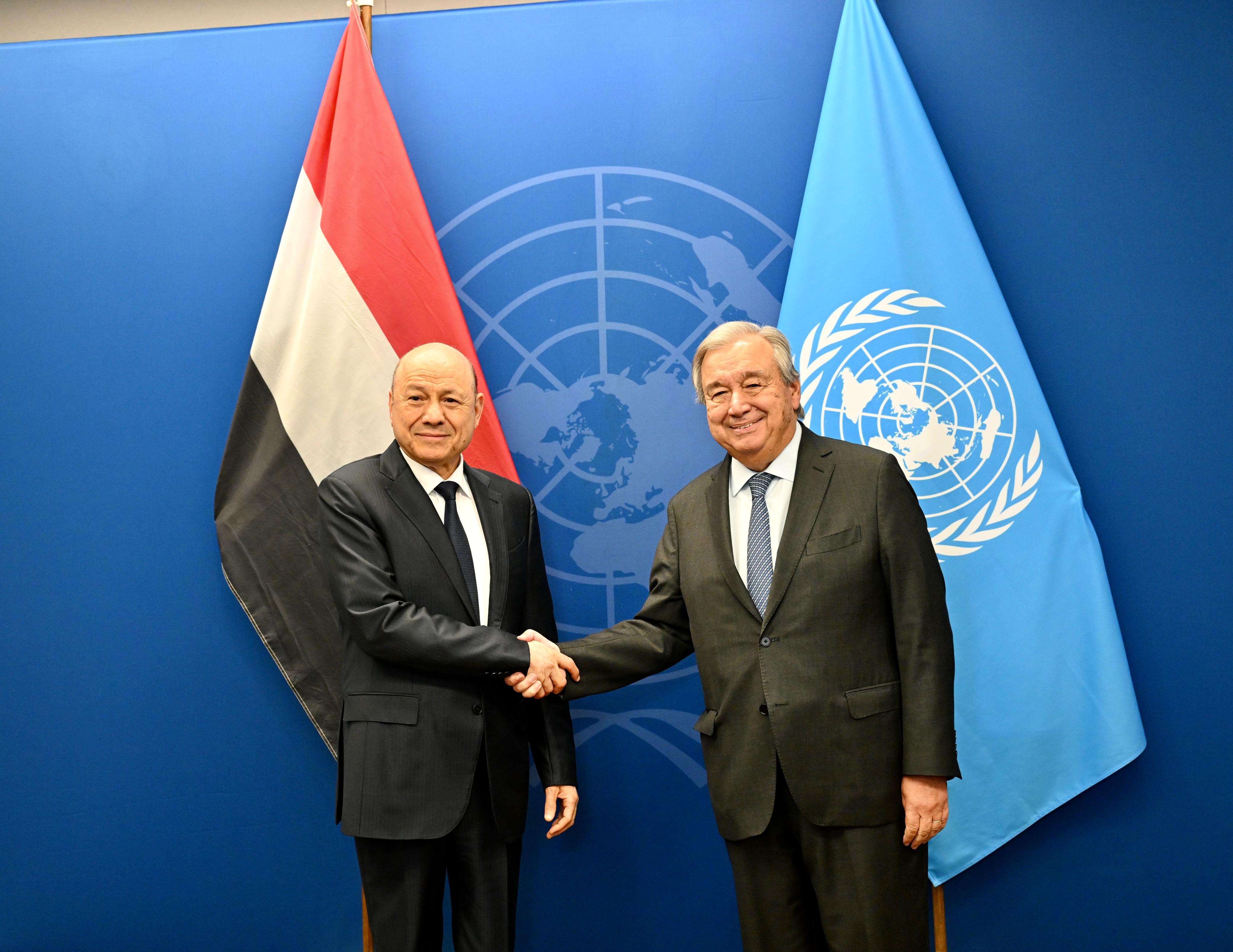 رئيس مجلس القيادة الرئاسي يبحث وامين عام الأمم المتحدة الوضع الانساني وجهود احلال السلام في اليمن ، 23 سبتمبر 2023
